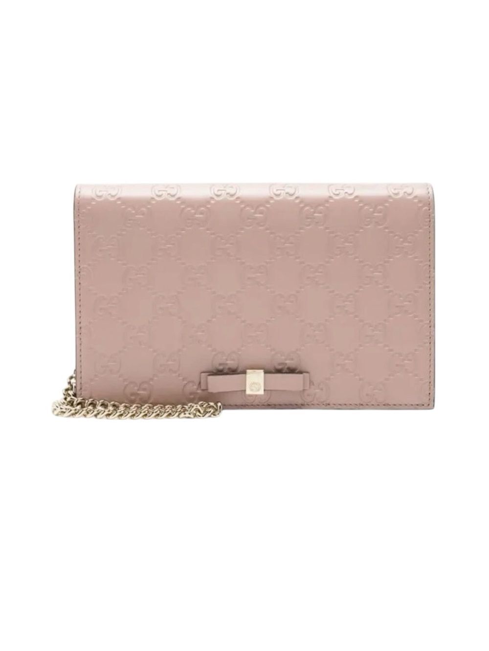 Auth Gucci Wallet On Chain Pink Beige Bow Guccisima Leather Gold Chain Strap Ex+